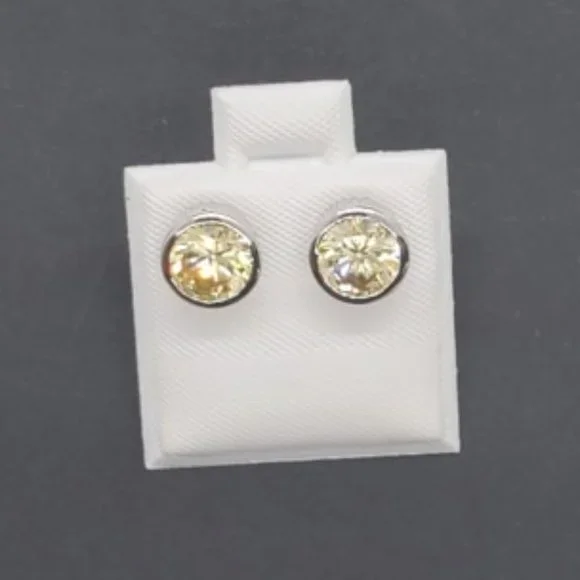 Silver 925 Rhodium Plated Round Yellow CZ Stud Earrings